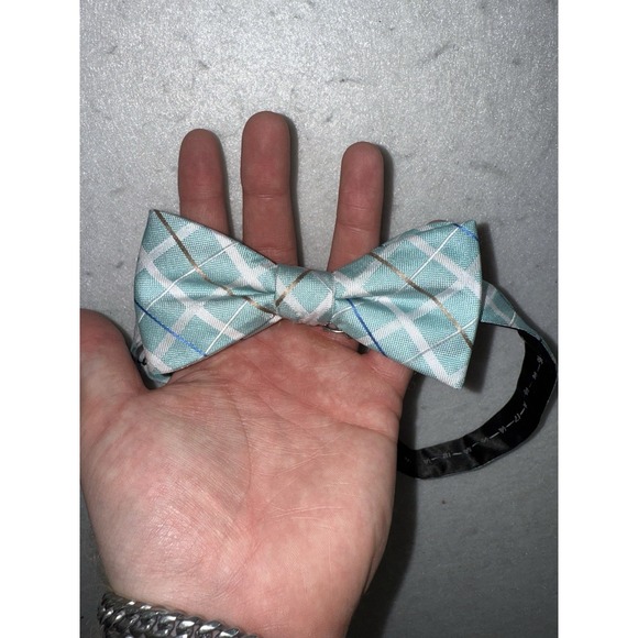 Saddlebred Other - Saddlebred Bow Tie Teal Robin Egg Blue Plaid Silk Blend Adjustable Clip On